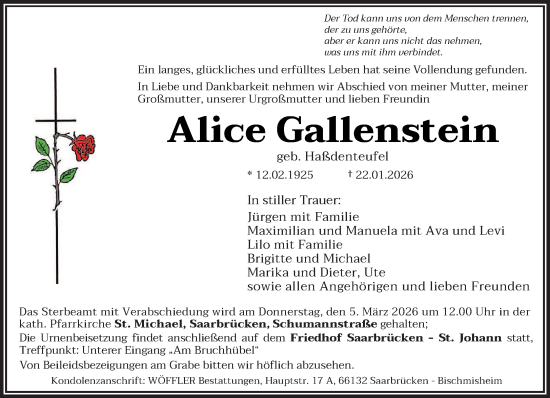 Traueranzeige von Alice Gallenstein von saarbruecker_zeitung