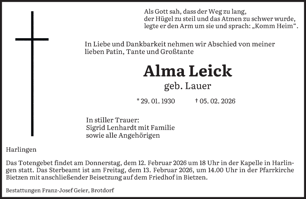 Traueranzeige für Alma Leick vom 11.02.2026 aus saarbruecker_zeitung