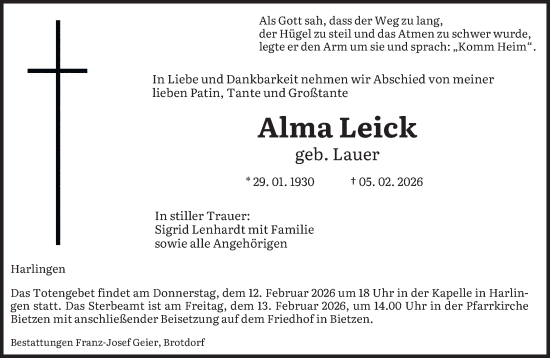 Traueranzeige von Alma Leick von saarbruecker_zeitung
