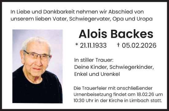 Traueranzeige von Alois Backes von saarbruecker_zeitung