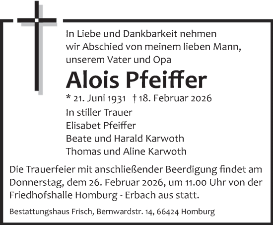 Traueranzeige von Alois Pfeiffer von saarbruecker_zeitung