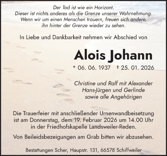 Traueranzeige von Alois Johann  von saarbruecker_zeitung