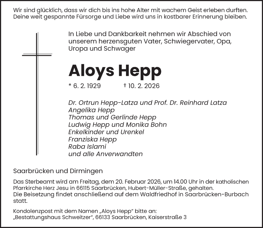  Traueranzeige für Aloys Hepp vom 14.02.2026 aus saarbruecker_zeitung