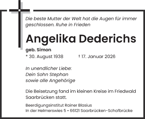 Traueranzeige von Angelika Dederichs von saarbruecker_zeitung