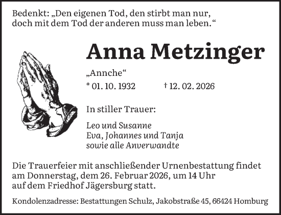 Traueranzeige von Anna Metzinger von saarbruecker_zeitung