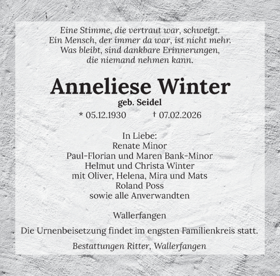Traueranzeige von Anneliese Winter von saarbruecker_zeitung