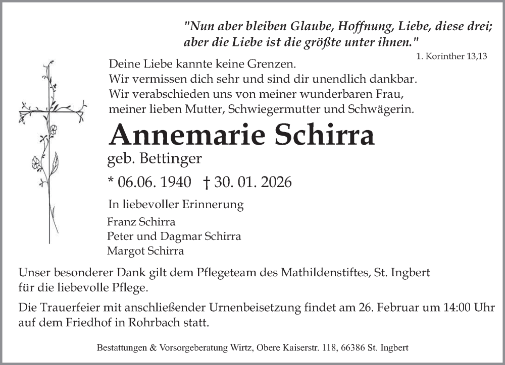  Traueranzeige für Annemarie Schirra vom 21.02.2026 aus saarbruecker_zeitung