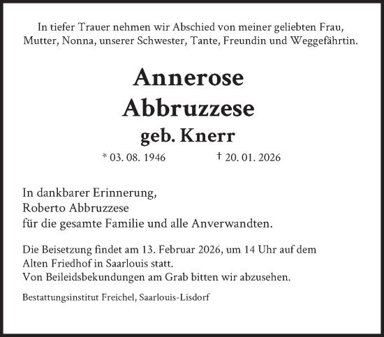 Traueranzeige von Annerose Abbruzzese von saarbruecker_zeitung