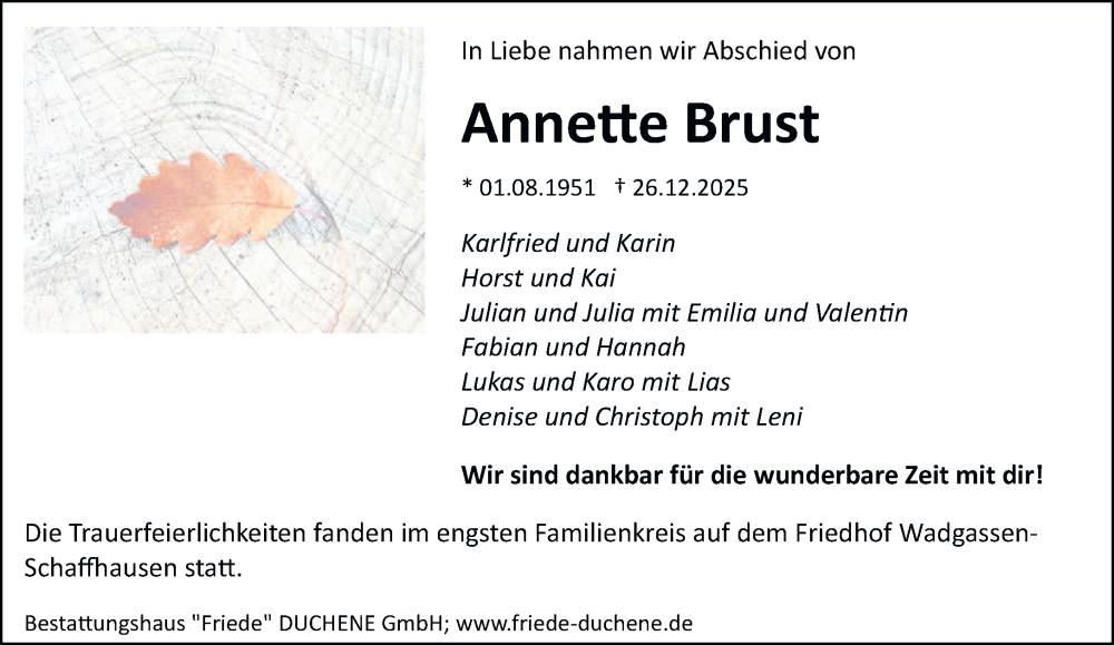  Traueranzeige für Annette Brust vom 28.02.2026 aus saarbruecker_zeitung