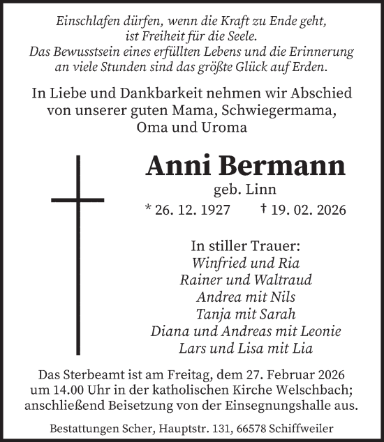 Traueranzeige von Anni Bermann von saarbruecker_zeitung