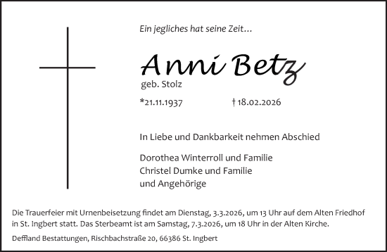 Traueranzeige von Anni Betz von saarbruecker_zeitung