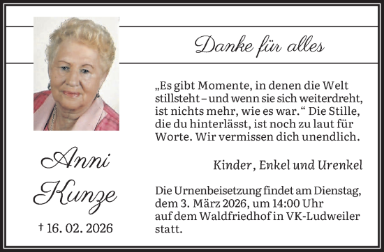 Traueranzeige von Anni Kunze von saarbruecker_zeitung