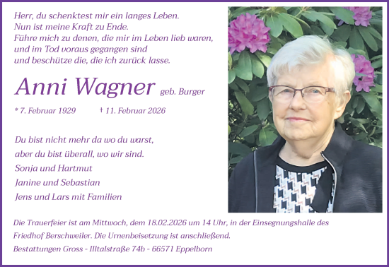 Traueranzeige von Anni Wagner von saarbruecker_zeitung