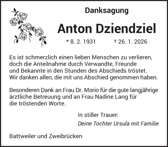 Traueranzeige von Anton Dziendziel von saarbruecker_zeitung