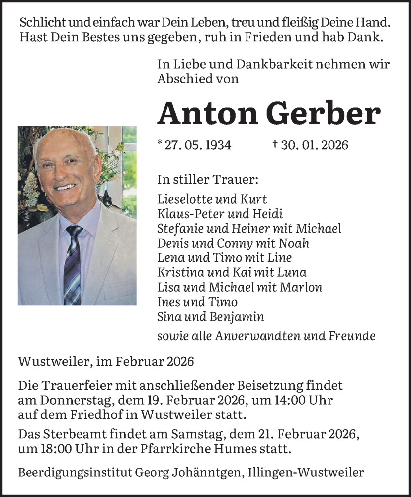  Traueranzeige für Anton Gerber vom 14.02.2026 aus saarbruecker_zeitung