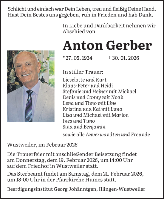 Traueranzeige von Anton Gerber von saarbruecker_zeitung