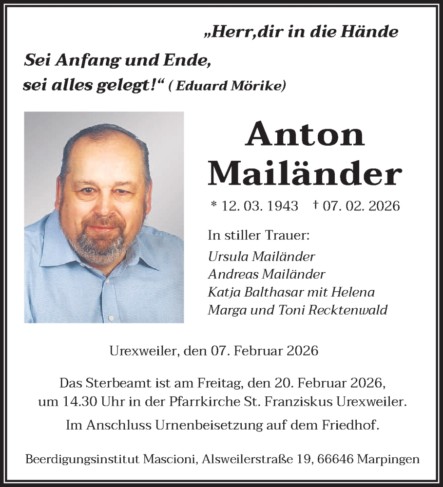  Traueranzeige für Anton Mailänder vom 14.02.2026 aus saarbruecker_zeitung
