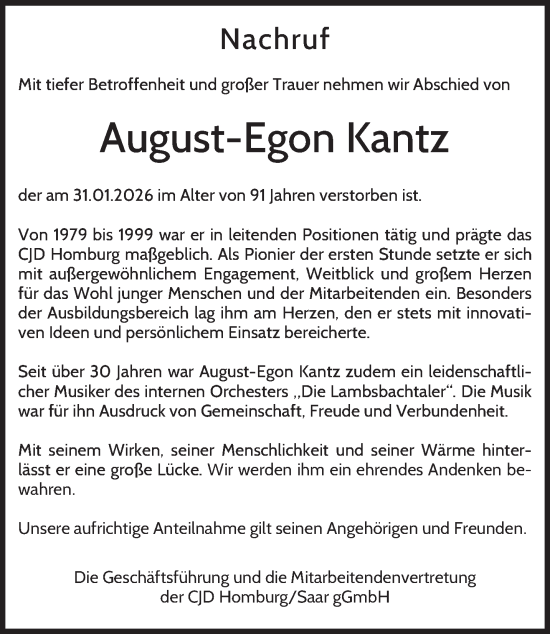 Traueranzeige von August-Egon Kantz von saarbruecker_zeitung