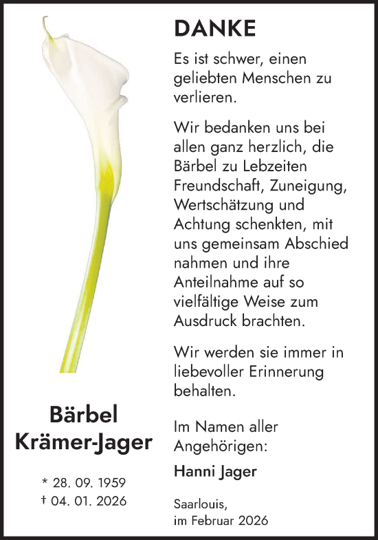 Traueranzeige von Bärbel Krämer-Jager von saarbruecker_zeitung