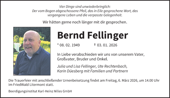 Traueranzeige von Bernd Fellinger von saarbruecker_zeitung