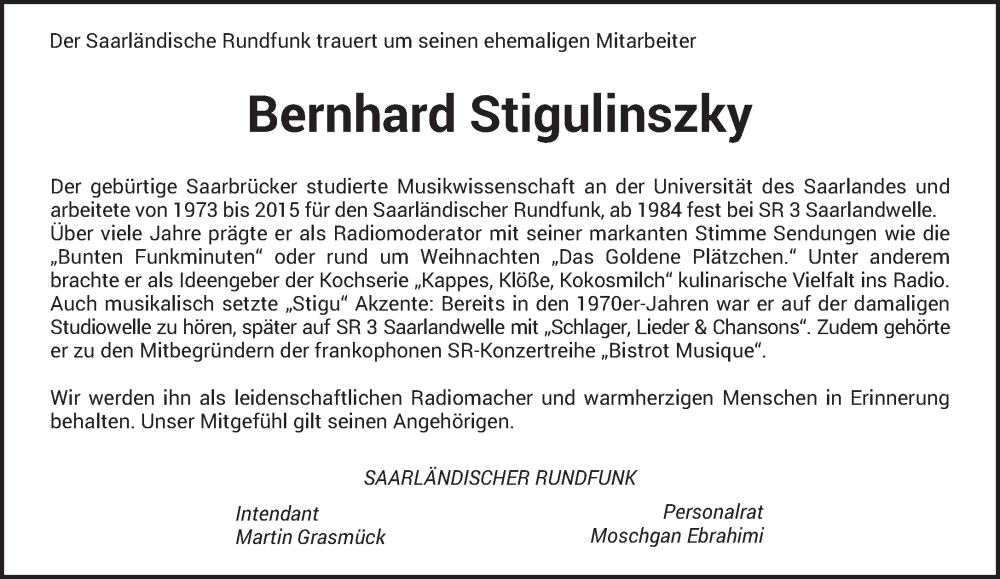  Traueranzeige für Bernhard Stigulinszky vom 28.02.2026 aus saarbruecker_zeitung