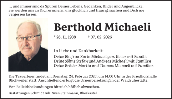 Traueranzeige von Berthold Michaeli von saarbruecker_zeitung
