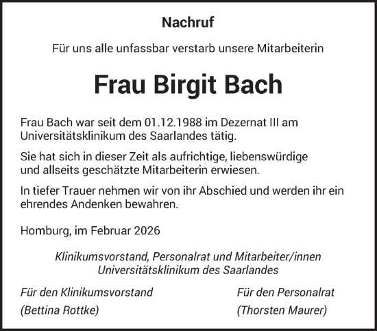 Traueranzeige von Birgit Bach von saarbruecker_zeitung