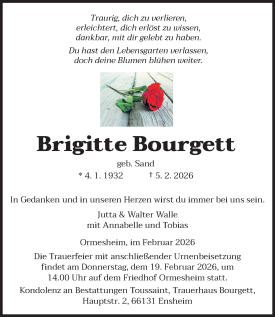 Traueranzeige von Brigitte Bourgett von saarbruecker_zeitung
