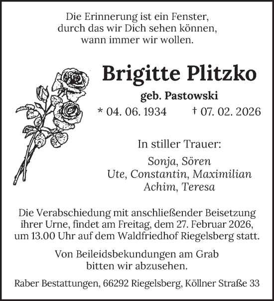 Traueranzeige von Brigitte Plitzko von saarbruecker_zeitung