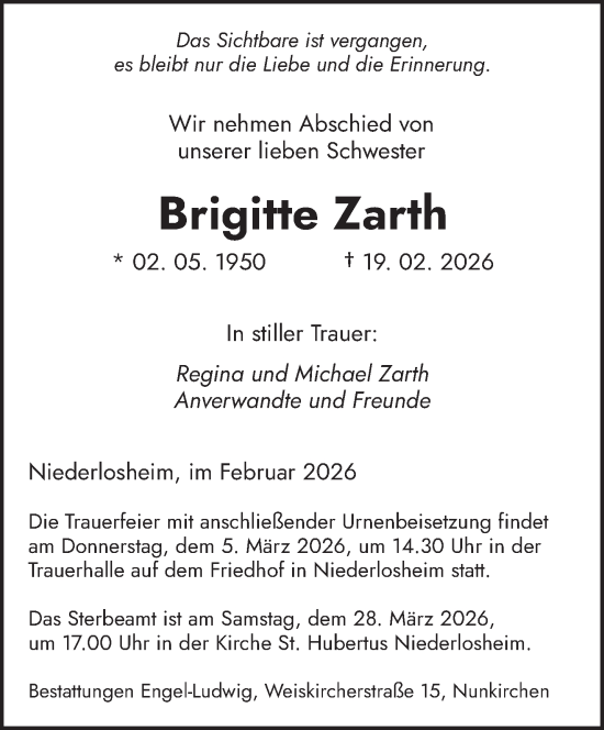 Traueranzeige von Brigitte Zarth von saarbruecker_zeitung