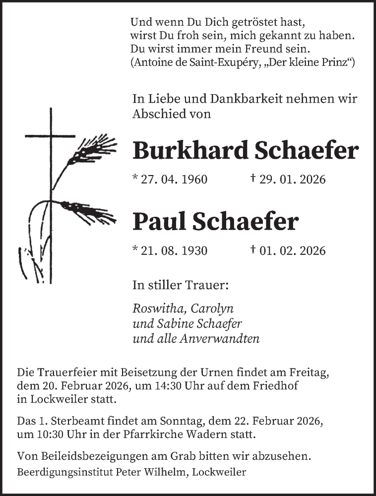  Traueranzeige für Burkhard Schaefer vom 14.02.2026 aus saarbruecker_zeitung