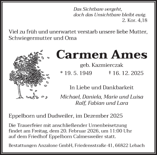 Traueranzeige von Carmen Ames von saarbruecker_zeitung