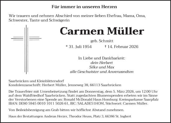 Traueranzeige von Carmen Müller von saarbruecker_zeitung