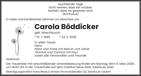 Traueranzeige von Carola Böddicker von saarbruecker_zeitung