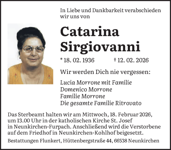 Traueranzeige von Catarina Sirgiovanni von saarbruecker_zeitung