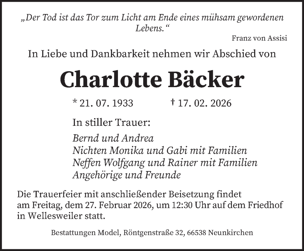  Traueranzeige für Charlotte Bäcker vom 25.02.2026 aus saarbruecker_zeitung