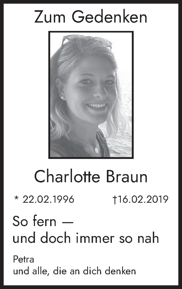  Traueranzeige für Charlotte Braun vom 17.02.2026 aus saarbruecker_zeitung
