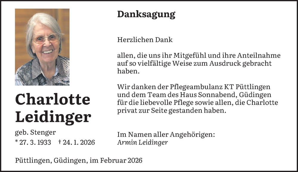  Traueranzeige für Charlotte Leidinger vom 21.02.2026 aus saarbruecker_zeitung