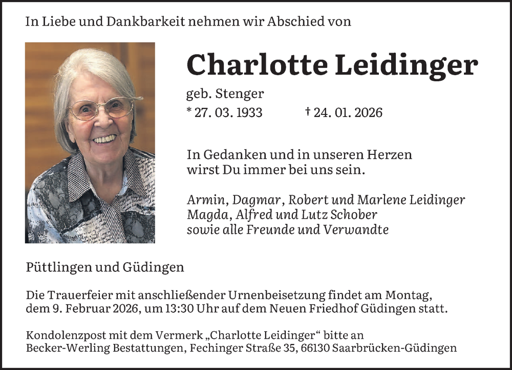  Traueranzeige für Charlotte Leidinger vom 07.02.2026 aus saarbruecker_zeitung