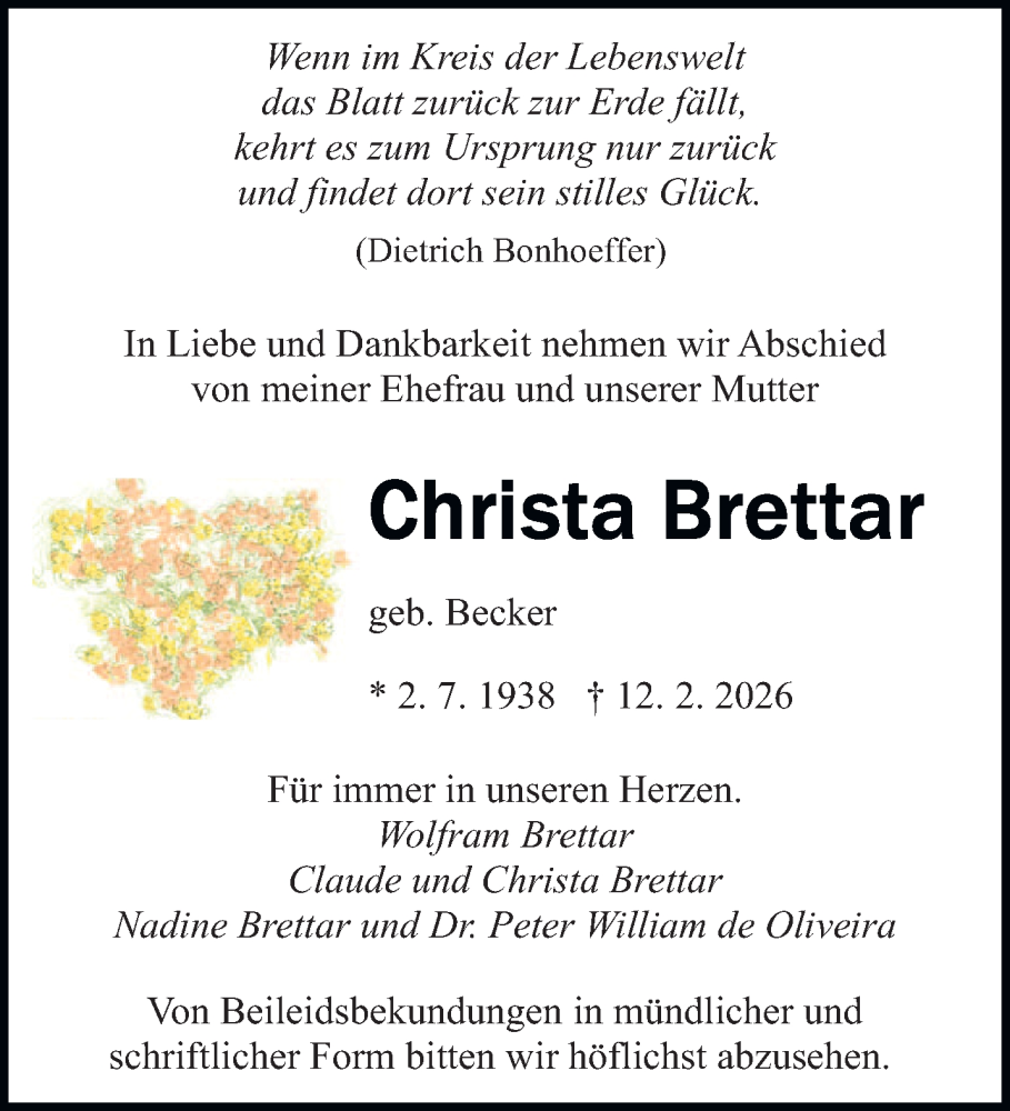  Traueranzeige für Christa Brettar vom 21.02.2026 aus saarbruecker_zeitung