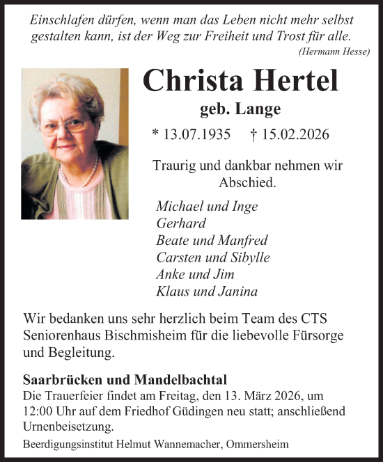 Traueranzeige von Christa Hertel von saarbruecker_zeitung
