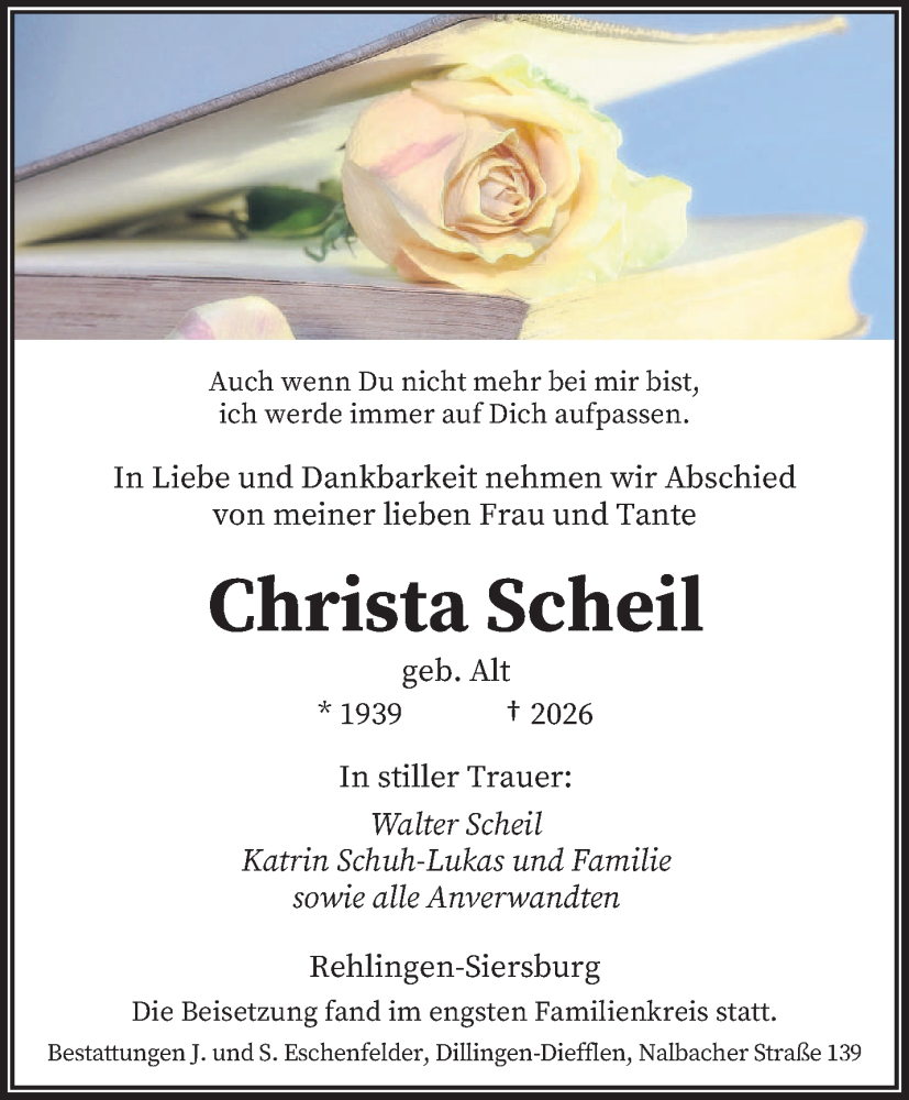  Traueranzeige für Christa Scheil vom 14.02.2026 aus saarbruecker_zeitung