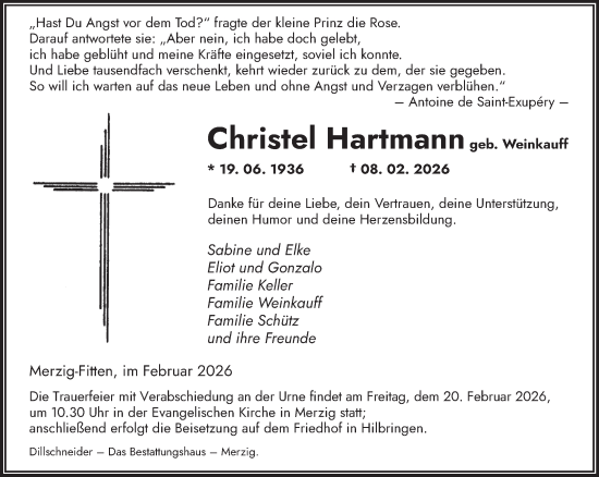Traueranzeige von Christel Hartmann von saarbruecker_zeitung