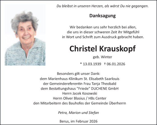 Traueranzeige von Christel Krauskopf von saarbruecker_zeitung
