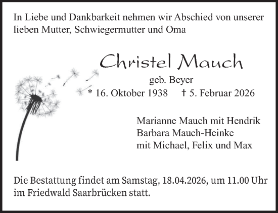 Traueranzeige von Christel Mauch von saarbruecker_zeitung