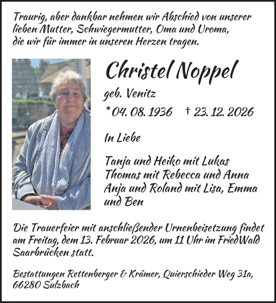 Traueranzeige von Christel Noppel von saarbruecker_zeitung