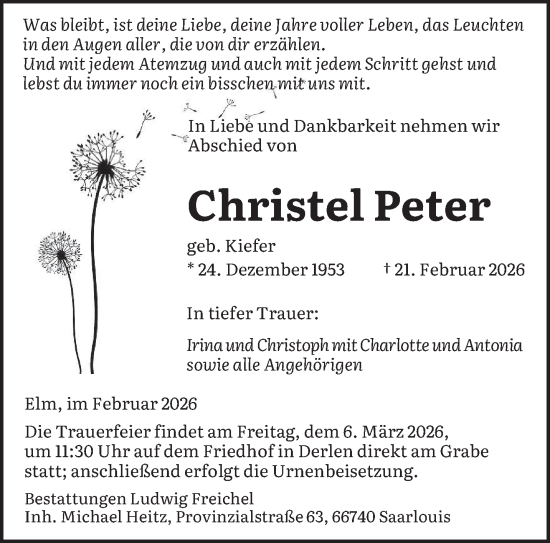 Traueranzeige von Christel Peter von saarbruecker_zeitung