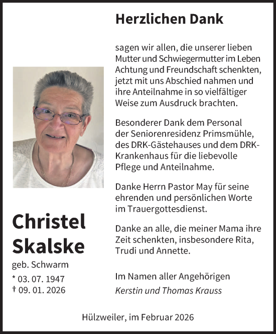 Traueranzeige von Christel Skalske von saarbruecker_zeitung