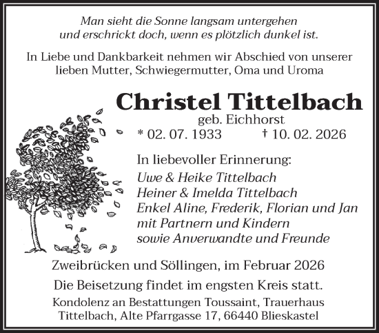 Traueranzeige von Christel Tittelbach von saarbruecker_zeitung