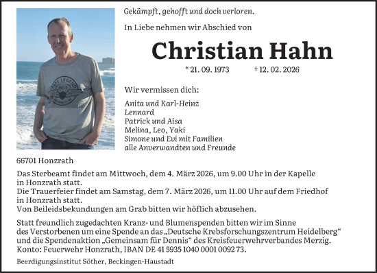 Traueranzeige von Christian Hahn von saarbruecker_zeitung